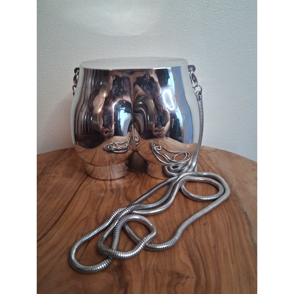 Silver Chrome Anatomical Torso Hard Shell Clutch Bag Crossbody Snake Chain Strap - Picture 3 of 8